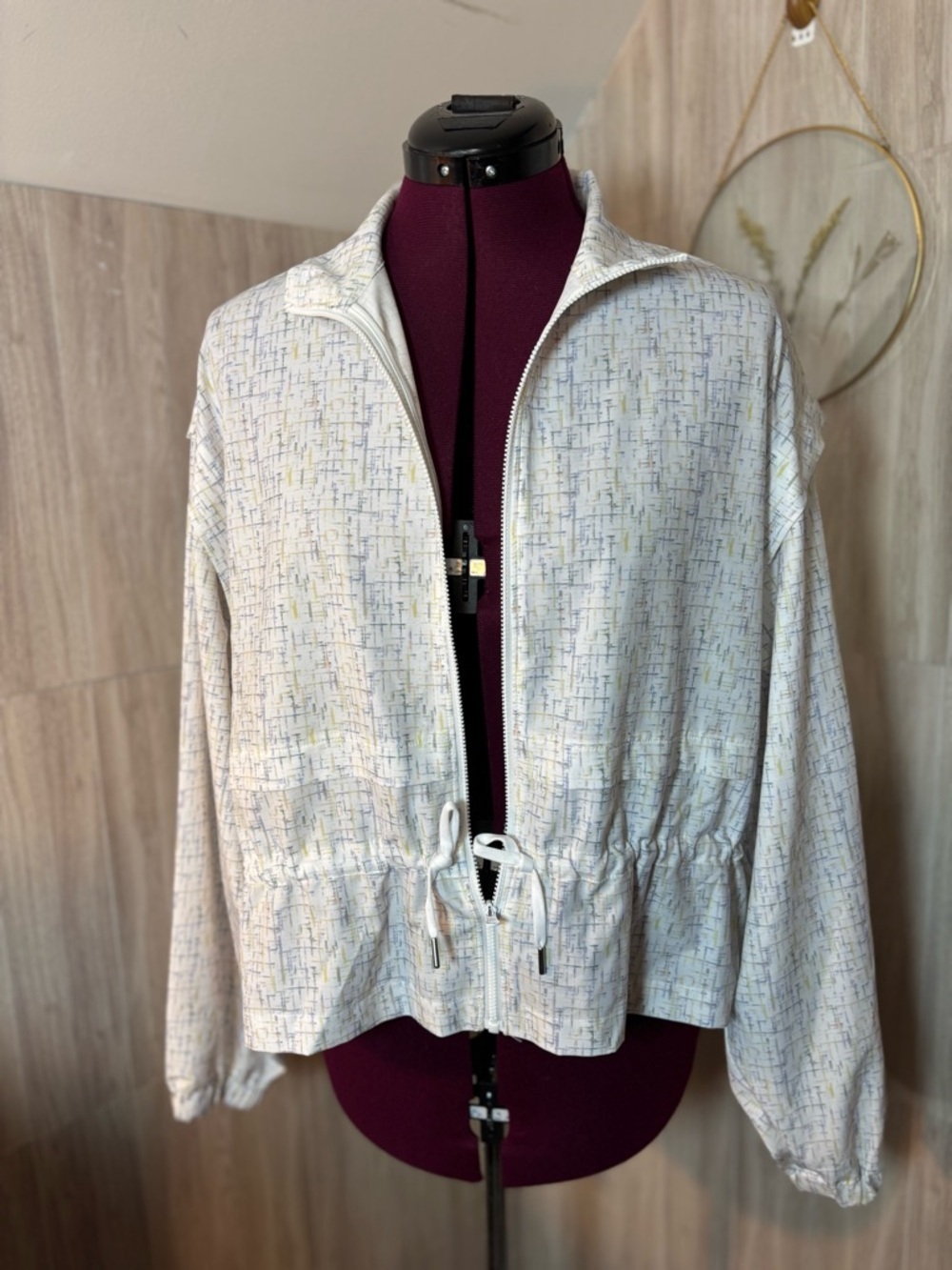 Calia White Lightweight Layering Jacket with Subtle Multicolor Linear Print